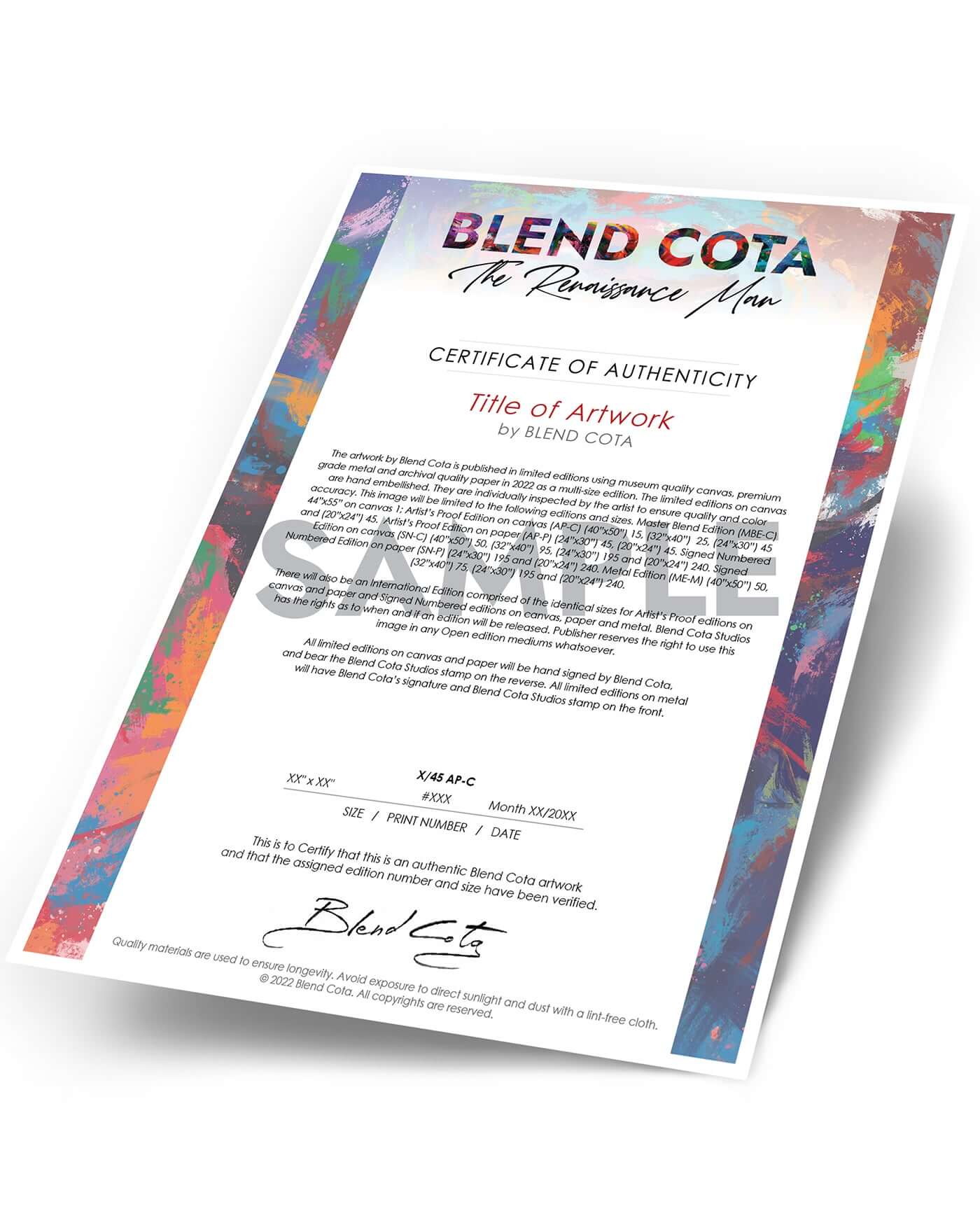 Sample of Blend Cota Studios limited edition metal print certificate of authenticity