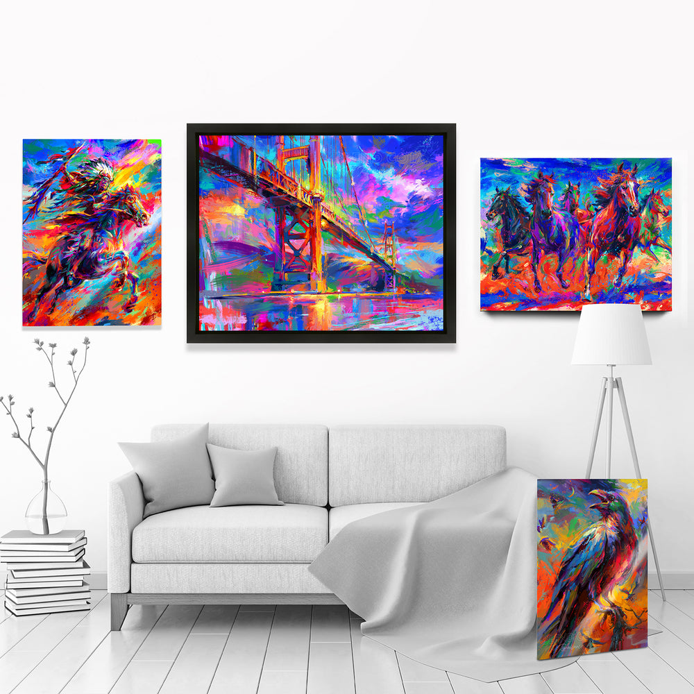 limited edition hallway showing variety of colorful paintings by master of color blend cota showcase  images paintings and art pieces in a room setting - Blend Cota original oil painting - blended expressionism- blend cota studios art