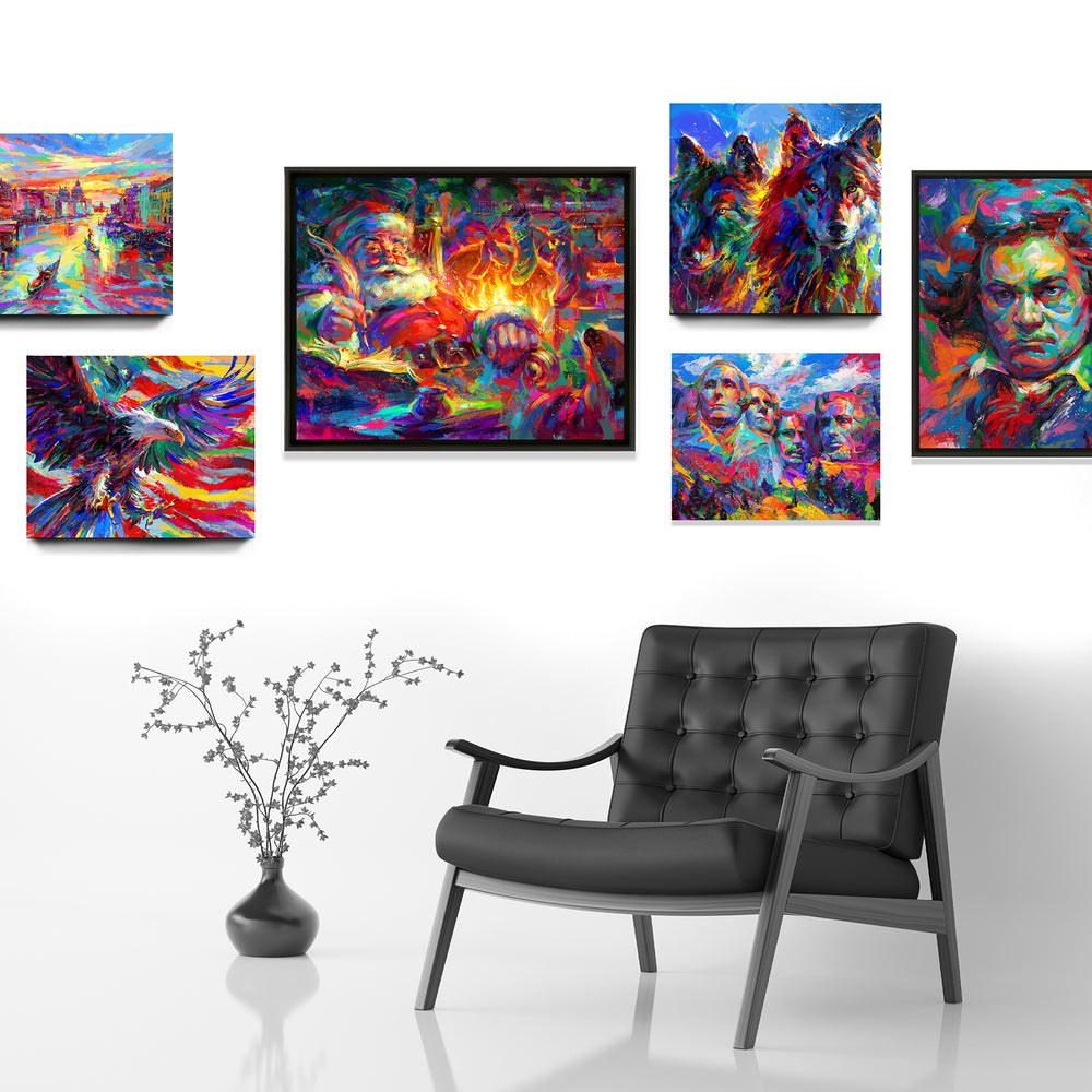 art prints hallway showing variety of colorful paintings by master of color blend cota showcase  images paintings and art pieces in a room setting - Blend Cota original oil painting - blended expressionism- blend cota studios art