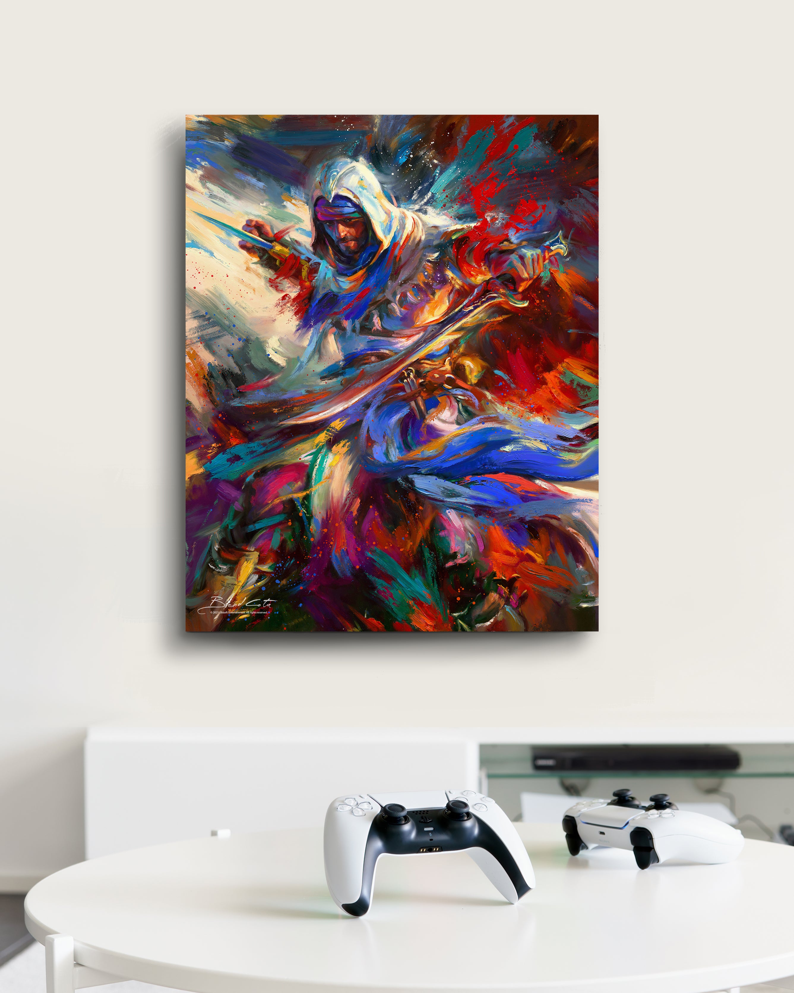 Limited Edition glossy metal print of Assassin's Creed Basim of Mirage bursting forth with energy and painted with colorful brushstrokes in an expressionistic style in a room setting.