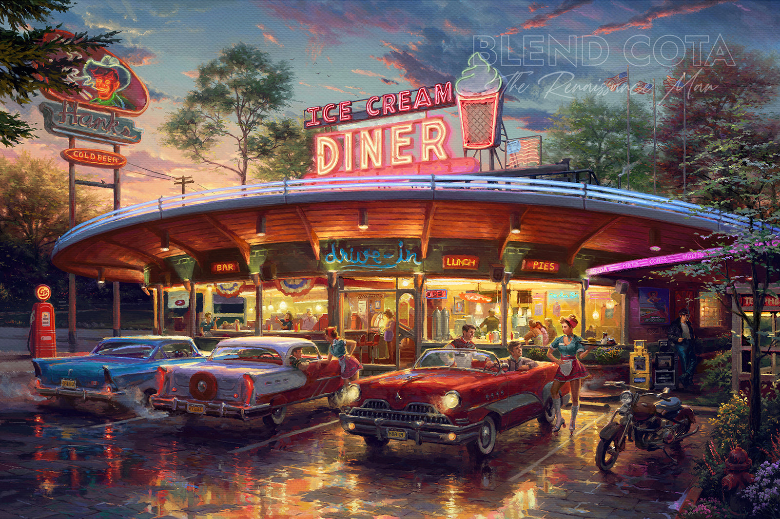 Meet you at the diner - 1950s diner night scene summer drive in - Blend Cota original oil painting - renaissance revival - blend cota studios art