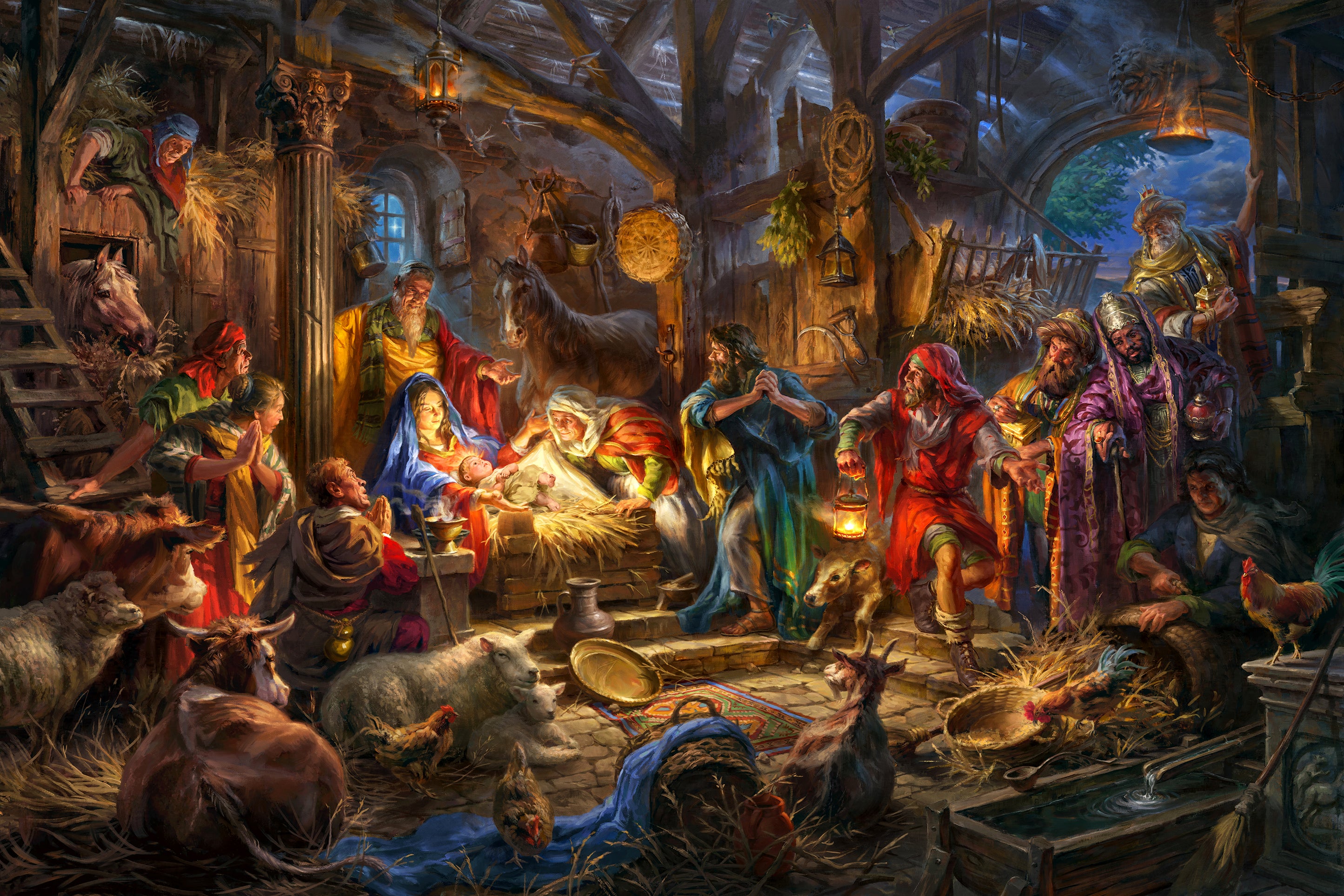 nativitas - nativity, the birth of jesus christ born in a manger with three kings bringing gifts for christmas painted by Blend Cota from Blend Cota Studios