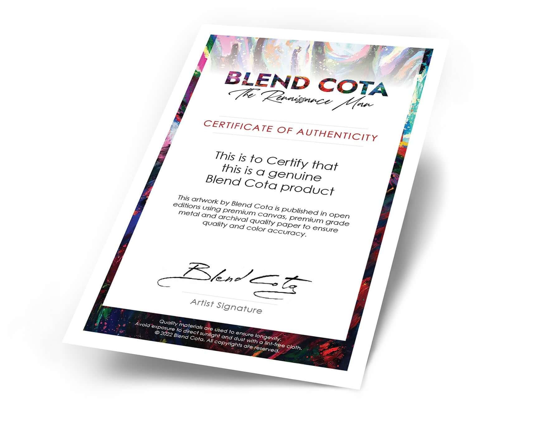 Blend Cota Studios sample of a Certificate of authenticity