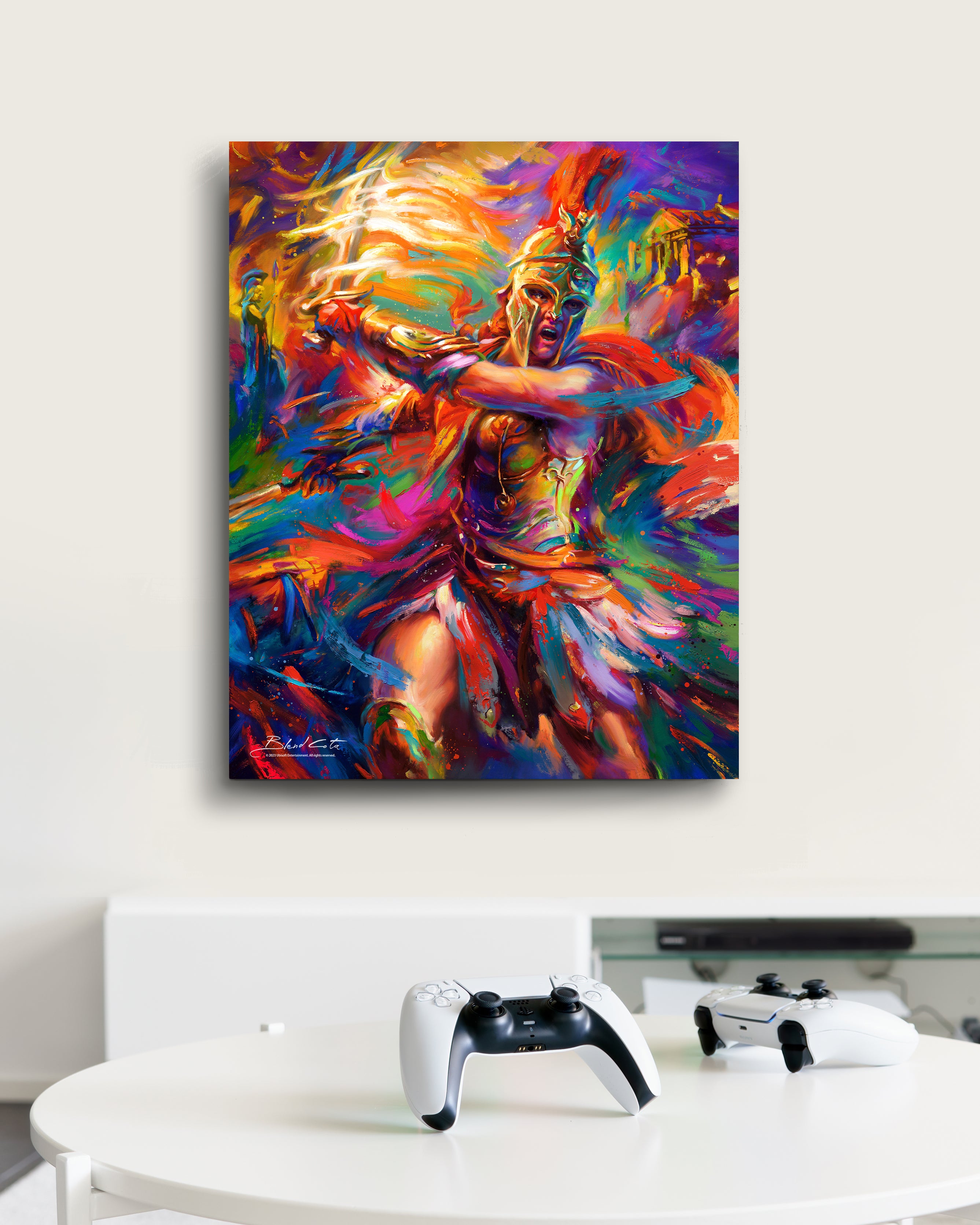 Limited Edition glossy metal print of Assassin's Creed Kassandra of Odyssey bursting forth with energy and painted with colorful brushstrokes in an expressionistic style in a room setting. 