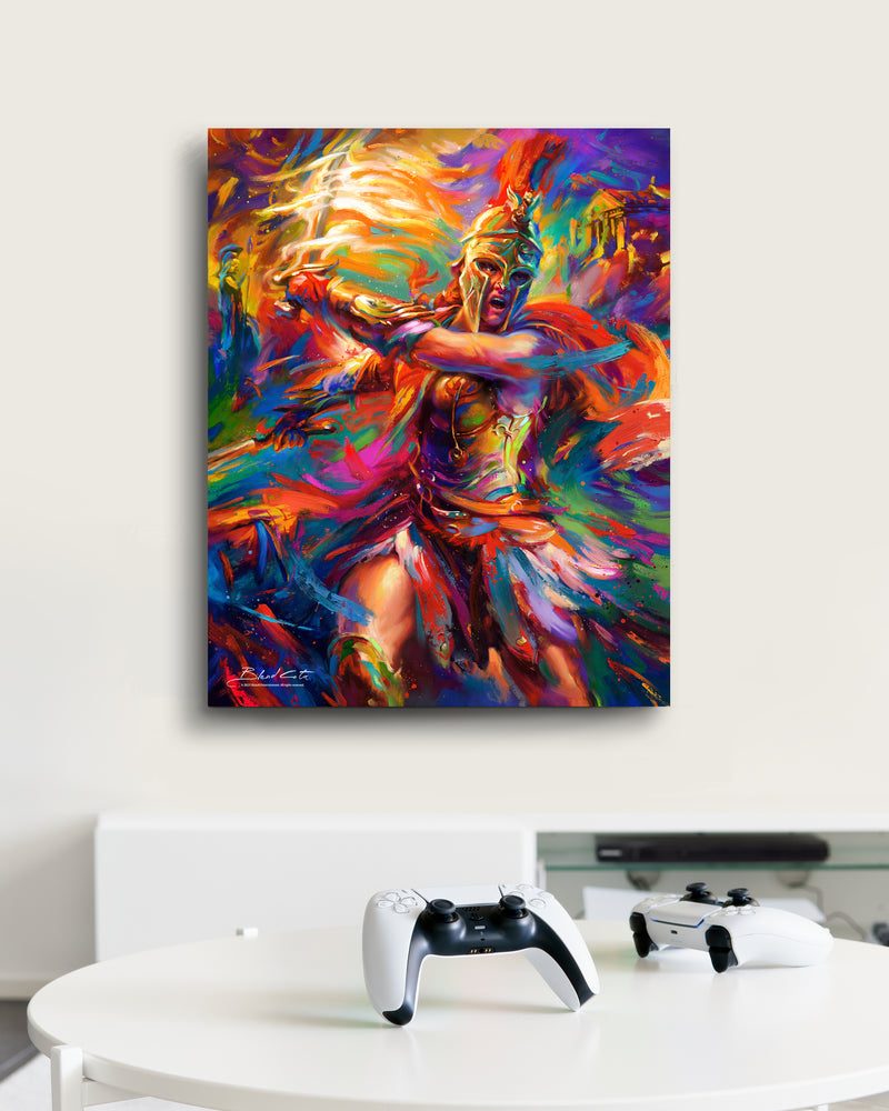 Limited edition artwork on canvas of Assassin's Creed Kassandra of Odyssey bursting forth with energy and painted with colorful brushstrokes in an expressionistic style in a room with console and controllers.