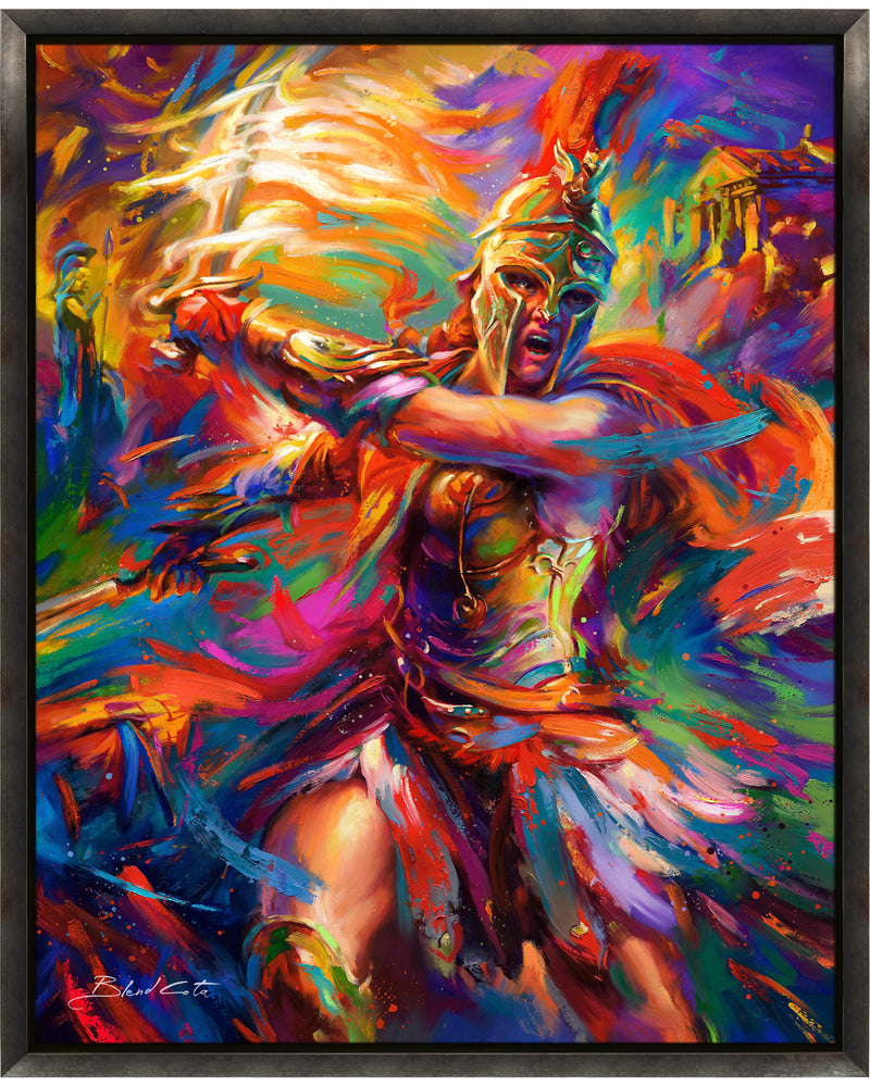 Framed Oil on canvas original painting of Assassin's Creed Kassandra of Odyssey bursting forth with energy and painted with colorful brushstrokes in an expressionistic style.