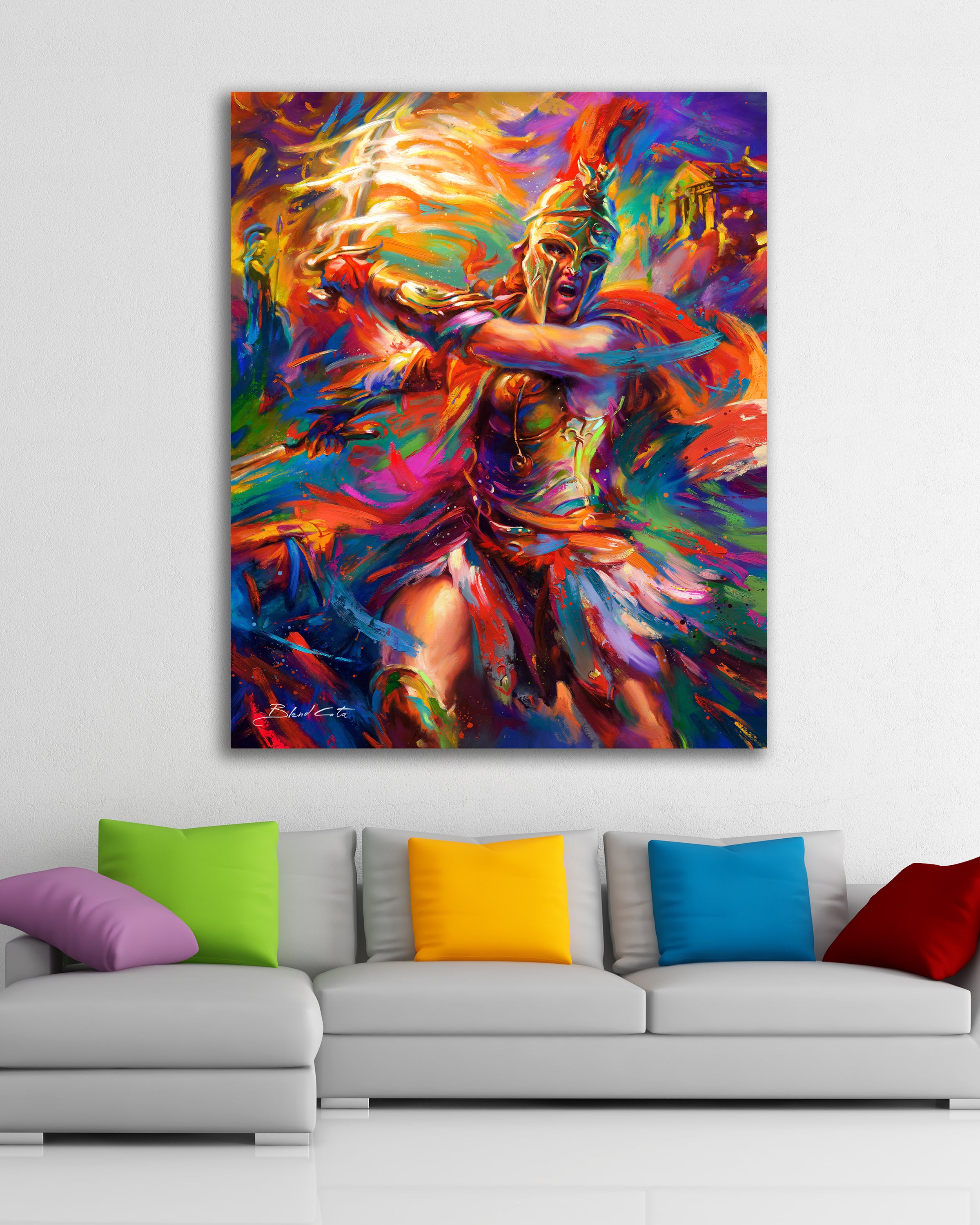 Oil on canvas original painting of Assassin's Creed Kassandra of Odyssey bursting forth with energy and painted with colorful brushstrokes in an expressionistic style in a room with couch and pillows.