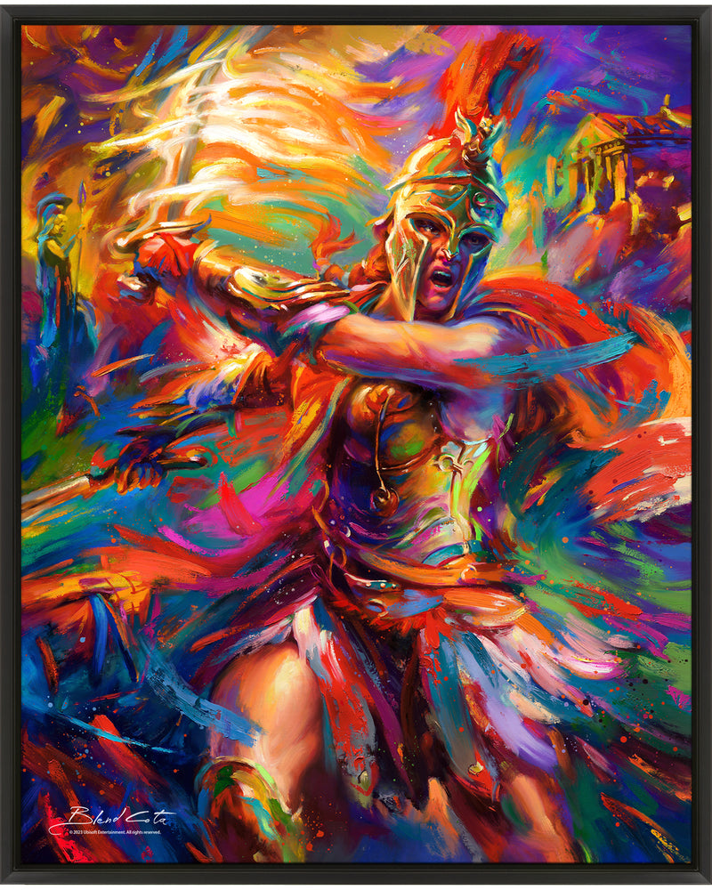 Framed Limited edition artwork on canvas of Assassin's Creed Kassandra of Odyssey bursting forth with energy and painted with colorful brushstrokes in an expressionistic style.