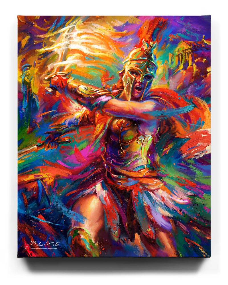 
                  
                    Limited edition artwork on canvas of Assassin's Creed Kassandra of Odyssey bursting forth with energy and painted with colorful brushstrokes in an expressionistic style.
                  
                