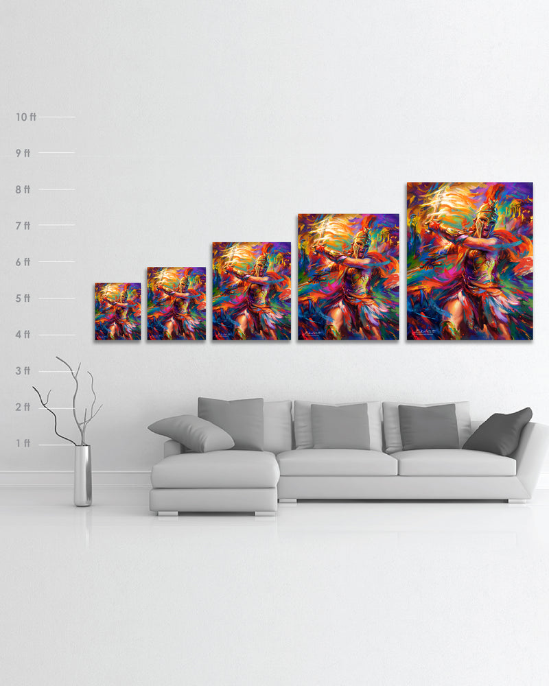 
                  
                    Limited Edition glossy metal print of Assassin's Creed Kassandra of Odyssey bursting forth with energy and painted with colorful brushstrokes in an expressionistic style in a room with dimensions for scale.
                  
                