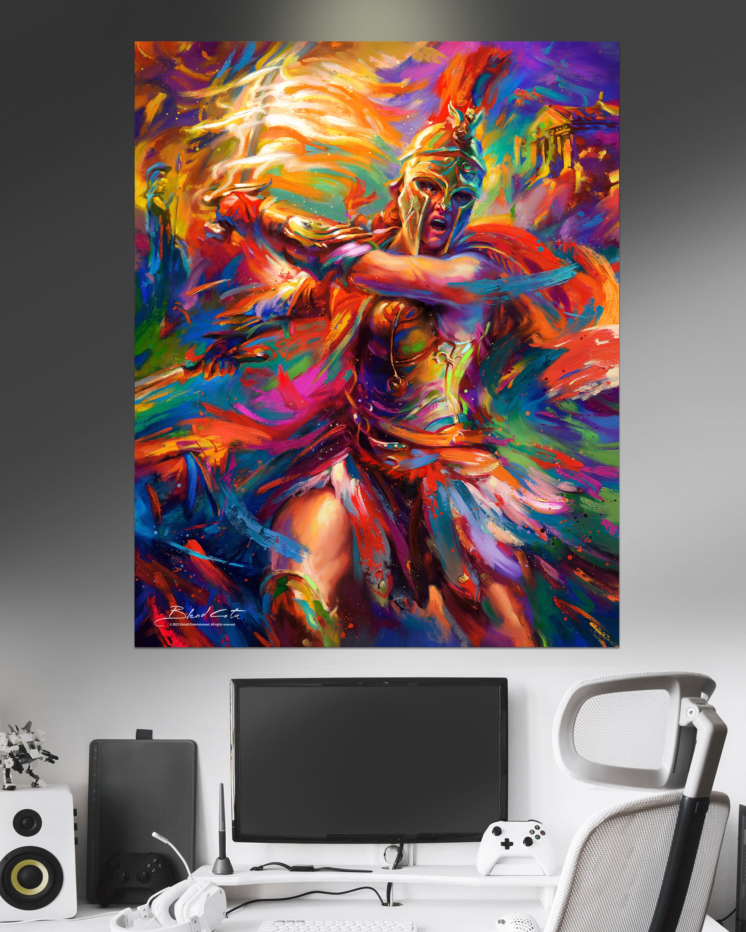 Large format paper print on cardstock of Assassin's Creed Kassandra of Odyssey bursting forth with energy and painted with colorful brushstrokes in an expressionistic style.