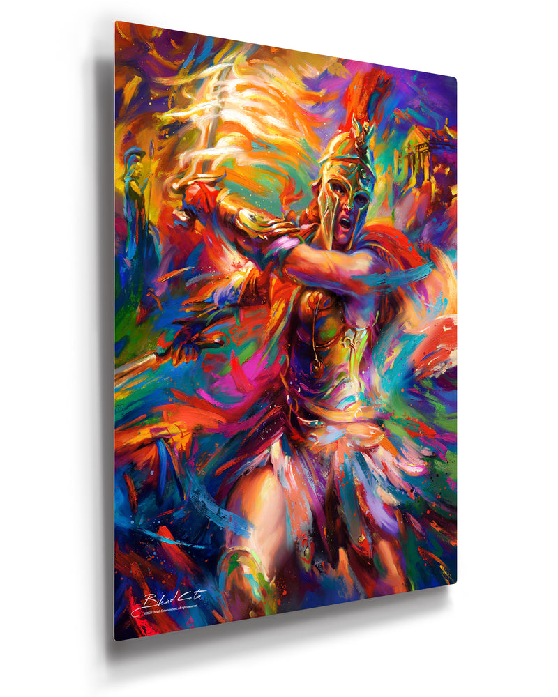 Limited Edition glossy metal print of Assassin's Creed Kassandra of Odyssey bursting forth with energy and painted with colorful brushstrokes in an expressionistic style.