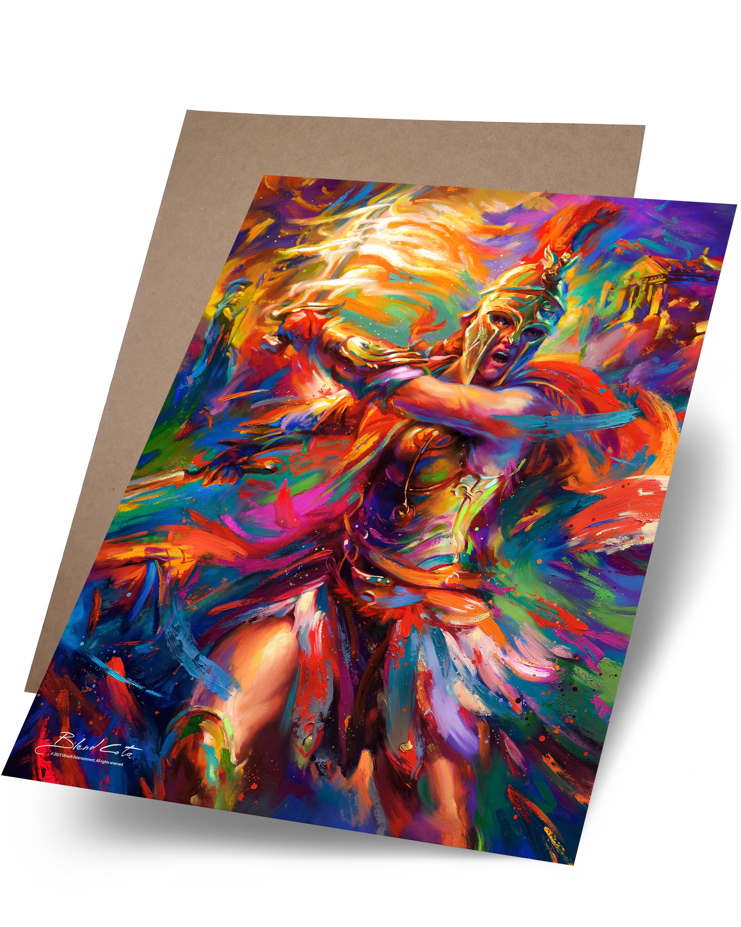 Paper print on cardstock of Assassin's Creed Kassandra of Odyssey bursting forth with energy and painted with colorful brushstrokes in an expressionistic style.