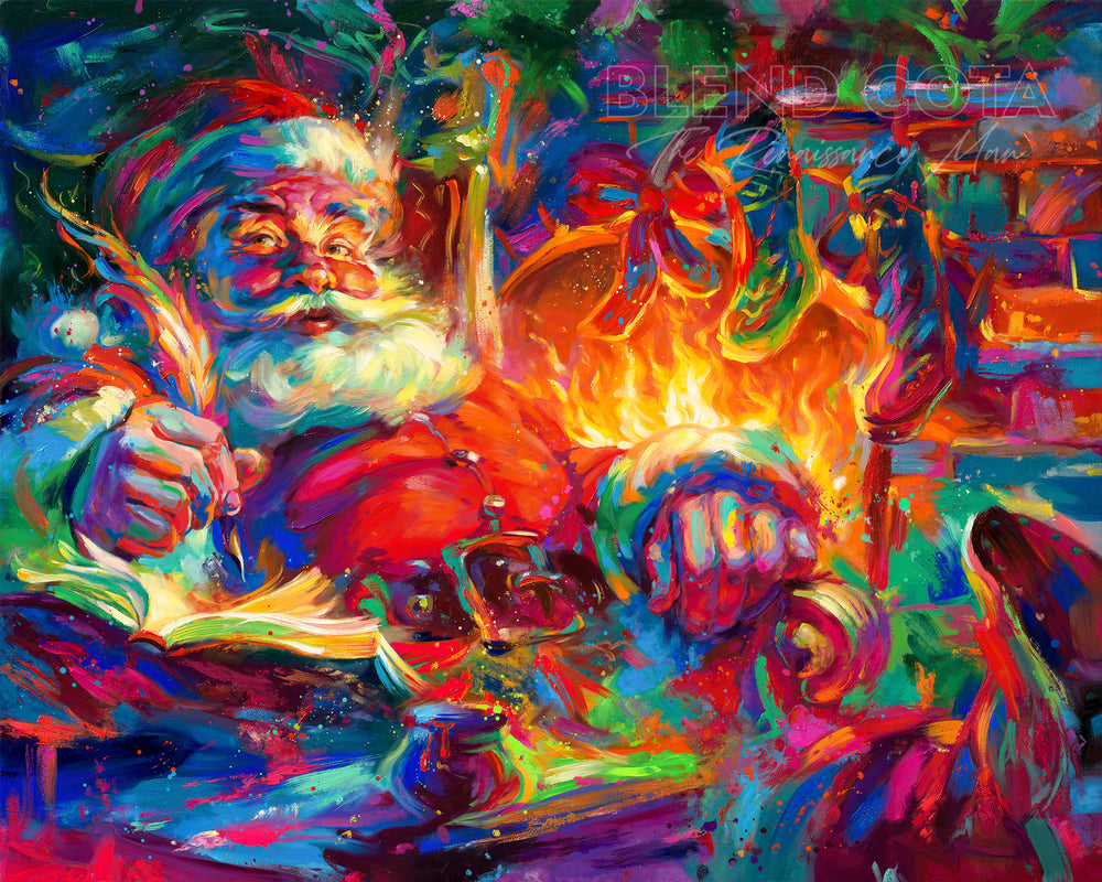Santa Claus painted by Blend Cota an original oil painting from Blend Cota Studios of santa claus in front of his fireplace writing a list with stockings hanging