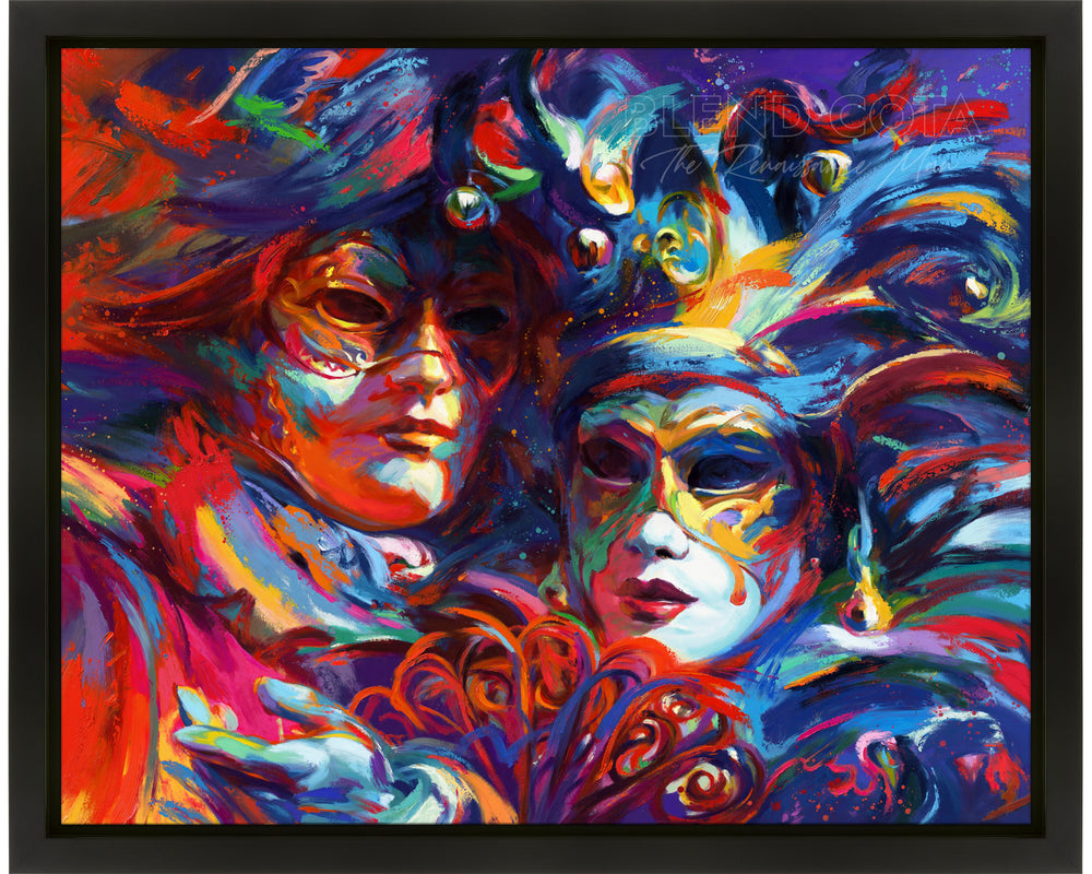 Framed in black drop box Oil on canvas original painting of blue, red and purple against the night sky, mystery and beauty surround these Venetian masks of Italy, Venice, the city of water holds many entrancing delights and dances in colorful brushstrokes, color expressionism style.