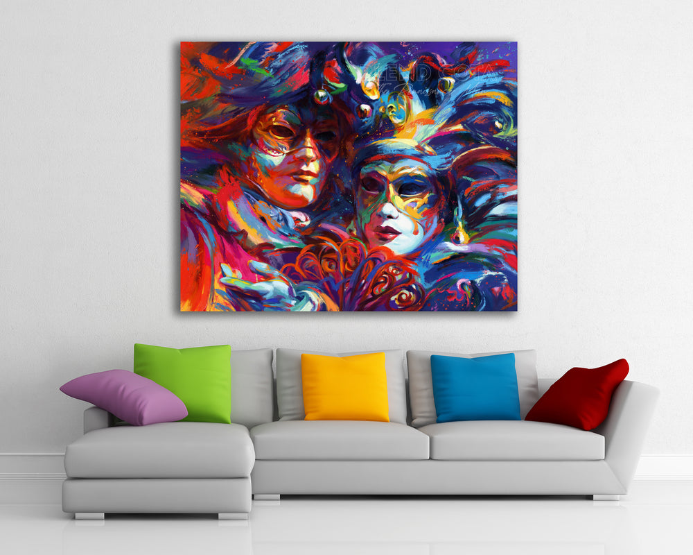 Oil on canvas original painting of blue, red and purple against the night sky, mystery and beauty surround these Venetian masks of Italy, Venice, the city of water holds many entrancing delights and dances in colorful brushstrokes, color expressionism style in a room setting.