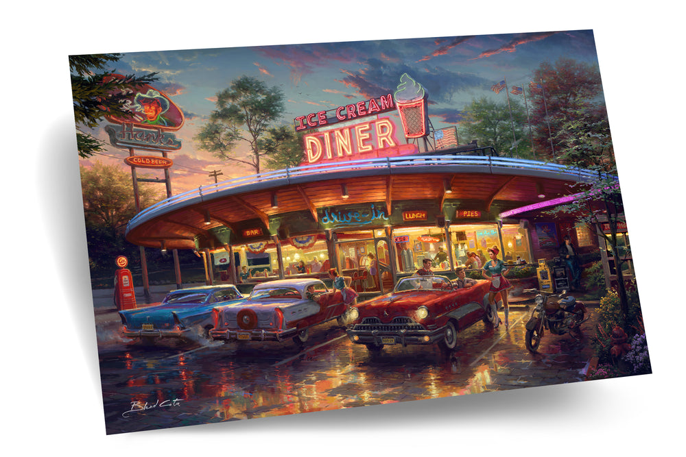 Americana diner with classic vintage cars and waitresses serving a realistic depiction of the nostalgic 50s.