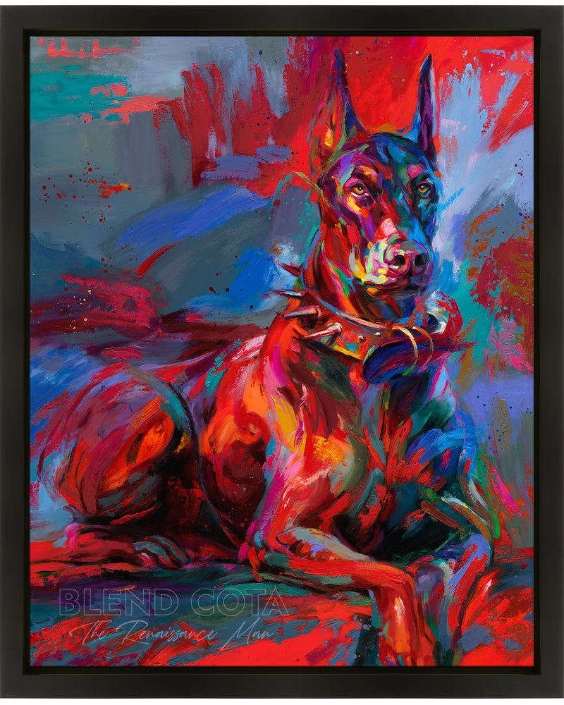 Oil on canvas original painting of the pet Doberman Apollo, a royal breed of dog, tough, brave and affectionate, guarding those he loves, in colorful brushstrokes, color expressionism style in a black frame.