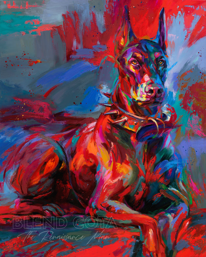 Limited edition painting of the pet Doberman Apollo, a royal breed of dog, tough, brave and affectionate, guarding those he loves, in colorful brushstrokes, color expressionism style.