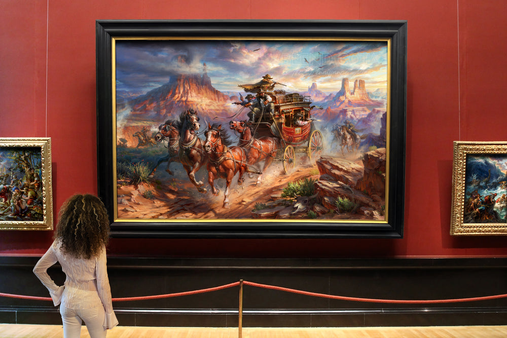 art gallery museum showing of Limited edition painting on canvas of outlaws attack on the Blend Cota stagecoach with cowboys shooting and horses galloping in canyons and landscape of Monument Valley, Arizona, in realism style with detailed brushstrokes.