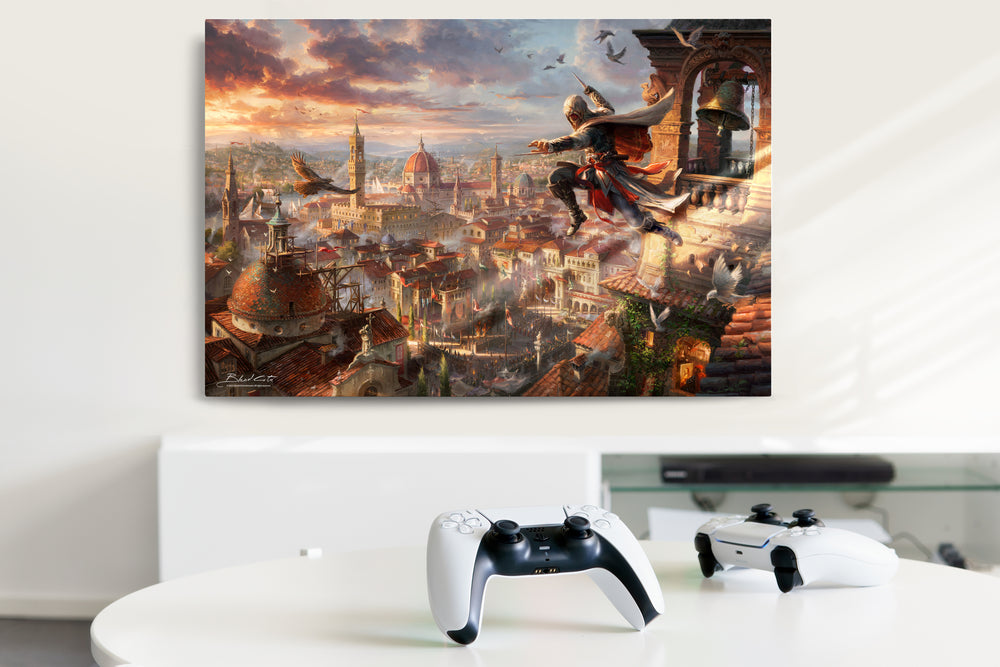 Limited edition print of Assassin's Creed Florence and Ezio Auditore meticulously designed and painted with intricate details in a realistic style in an art gallery room setting.