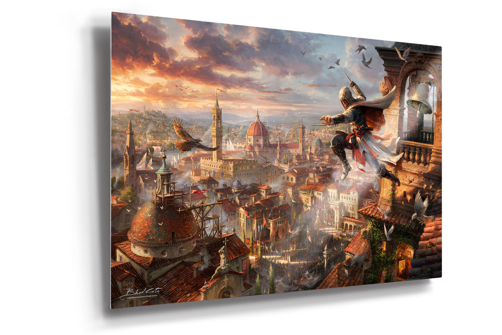 Limited edition glossy metal print of Assassin's Creed Florence and Ezio Auditore meticulously designed and painted with intricate details in a realistic style.