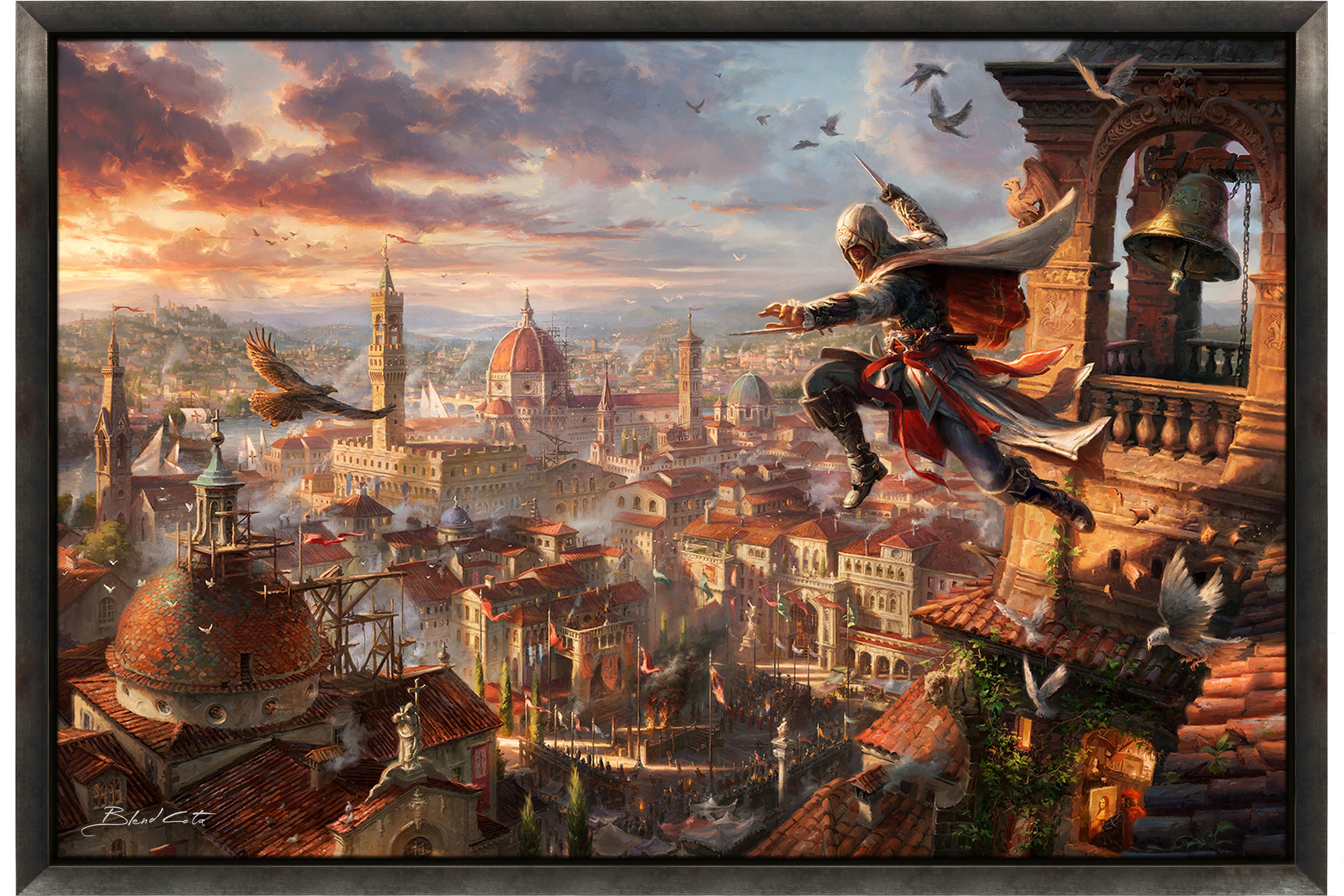 Framed original oil on canvas painting of Assassin's Creed Florence and Ezio Auditore meticulously designed and painted with intricate details in a realistic style.