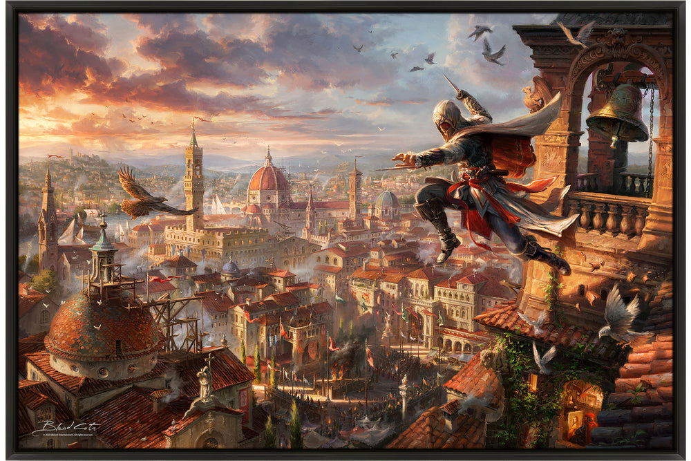 Limited edition framed canvas print of Assassin's Creed Florence and Ezio Auditore meticulously designed and painted with intricate details in a realistic style.