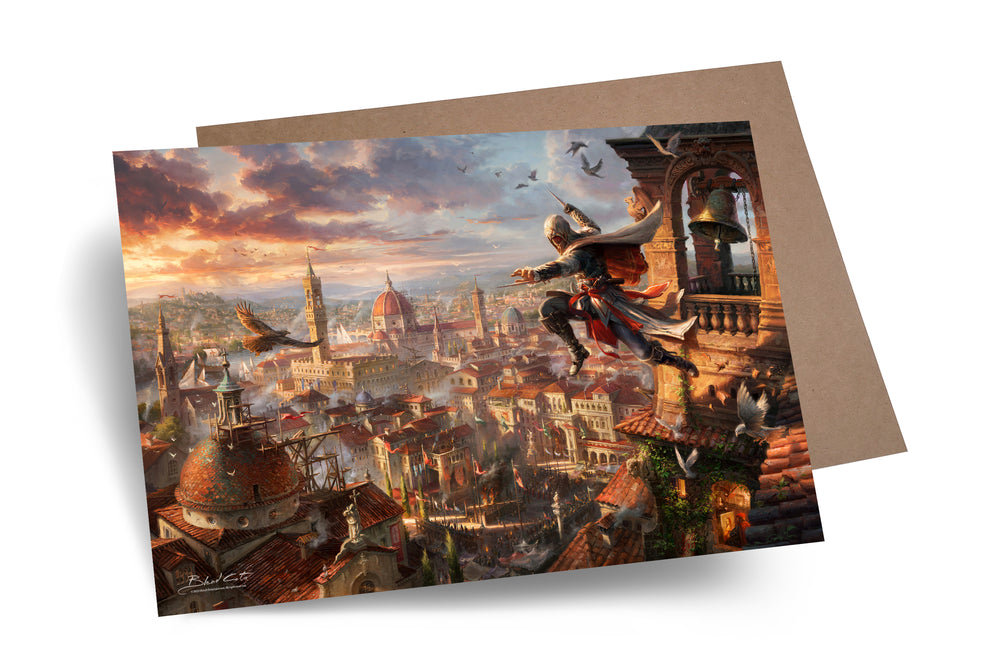 Art print on paper cardstock of Assassin's Creed Florence and Ezio Auditore meticulously designed and painted with intricate details in a realistic style.