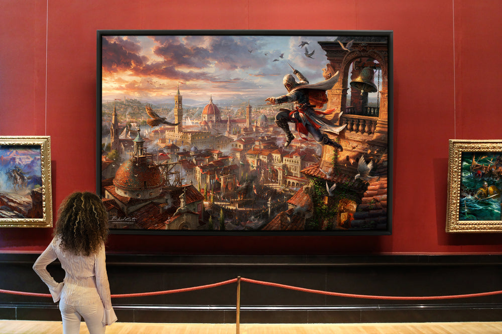 Limited edition framed canvas print of Assassin's Creed Florence and Ezio Auditore meticulously designed and painted with intricate details in a realistic style in an art gallery setting.