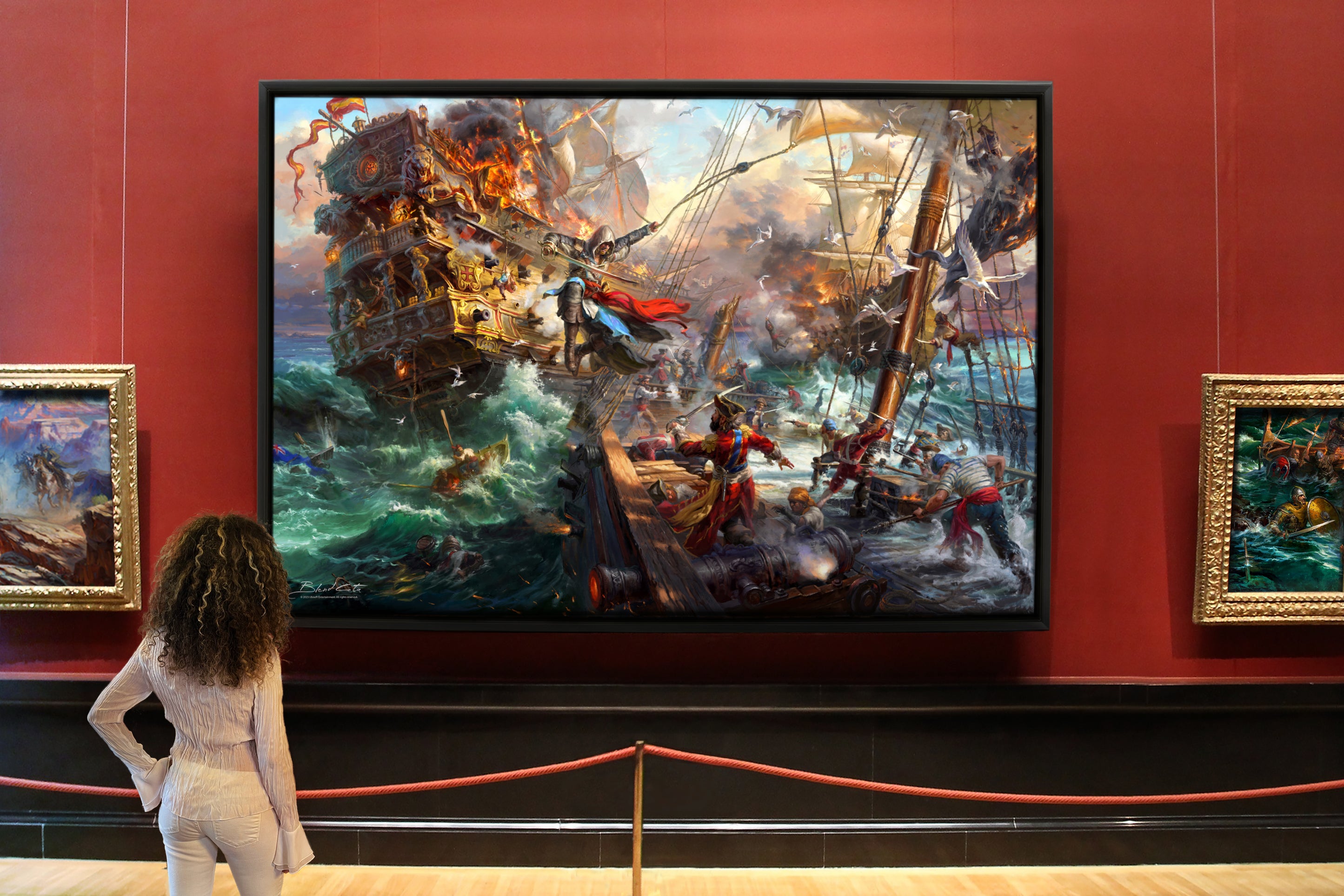 A naval battle at sea from Ubisoft's Assassin's Creed IV Black Flag with Edward Kenway and Bartholomew Roberts fighting on deck in this painting in a black frame in an art gallery setting.