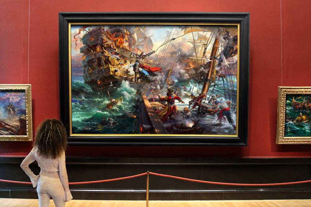 Framed original oil on canvas painting of Assassin's Creed Black Flag and Edward Kenway meticulously designed and painted with intricate details in a realistic style in an art gallery room setting.