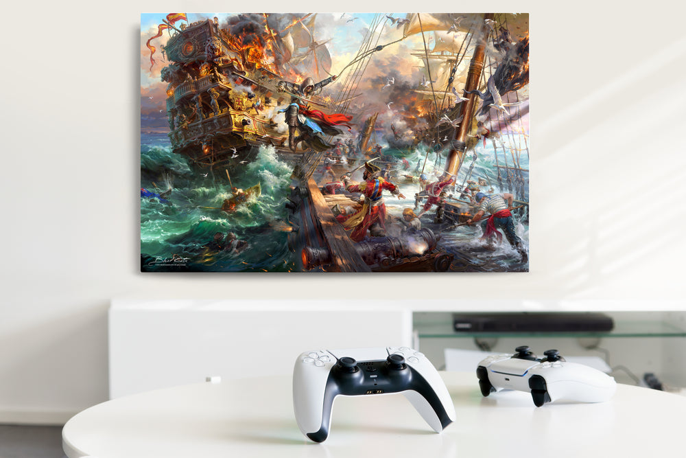 Limited edition metal print of Assassin's Creed Black Flag and Edward Kenway meticulously designed and painted with intricate details in a realistic style in an art gallery room setting.