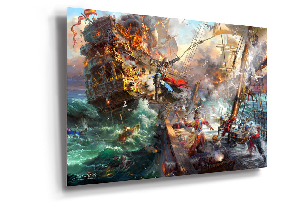 Limited edition metal print of Assassin's Creed Black Flag and Edward Kenway meticulously designed and painted with intricate details in a realistic style.