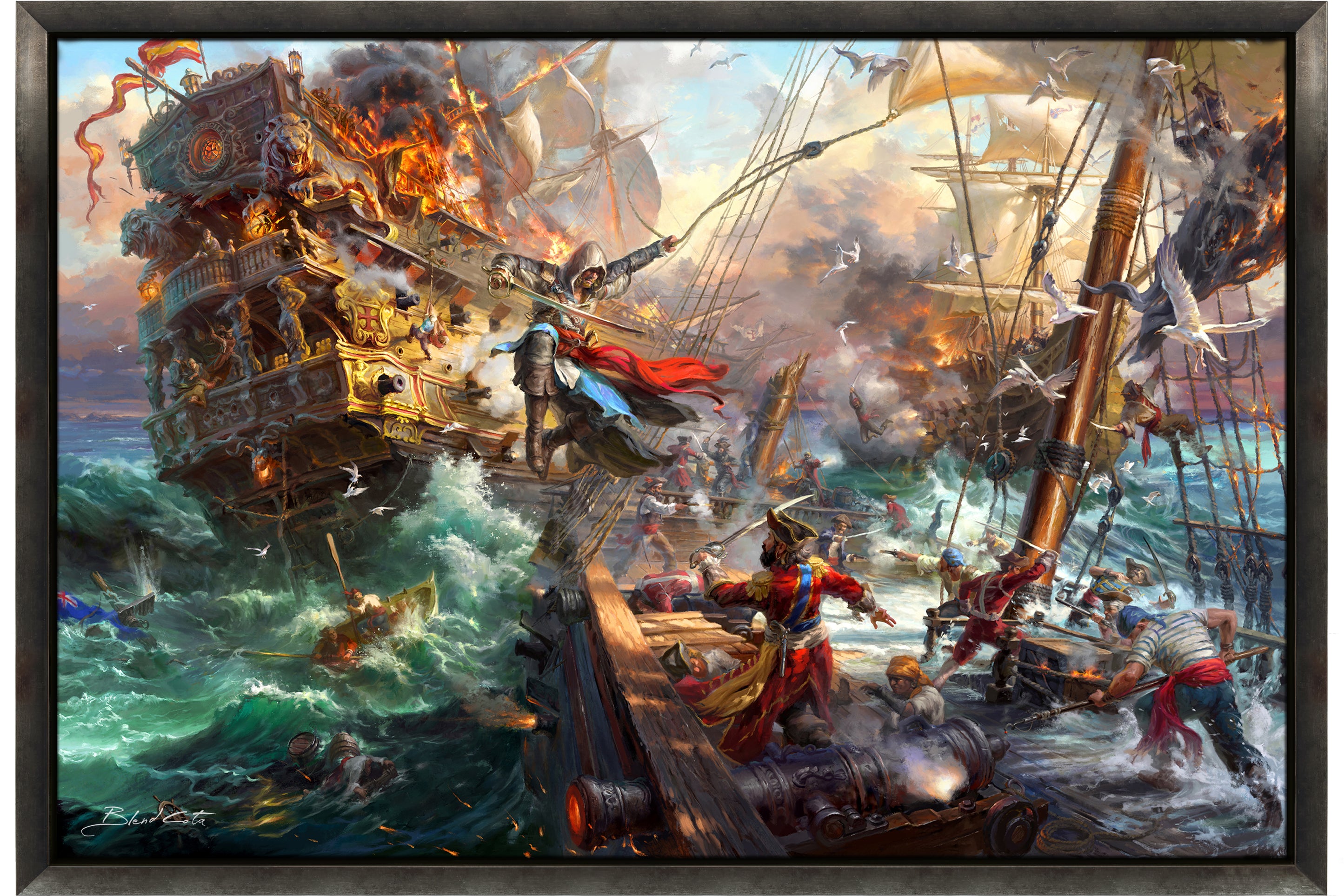 Framed original oil on canvas painting of Assassin's Creed Black Flag and Edward Kenway meticulously designed and painted with intricate details in a realistic style.