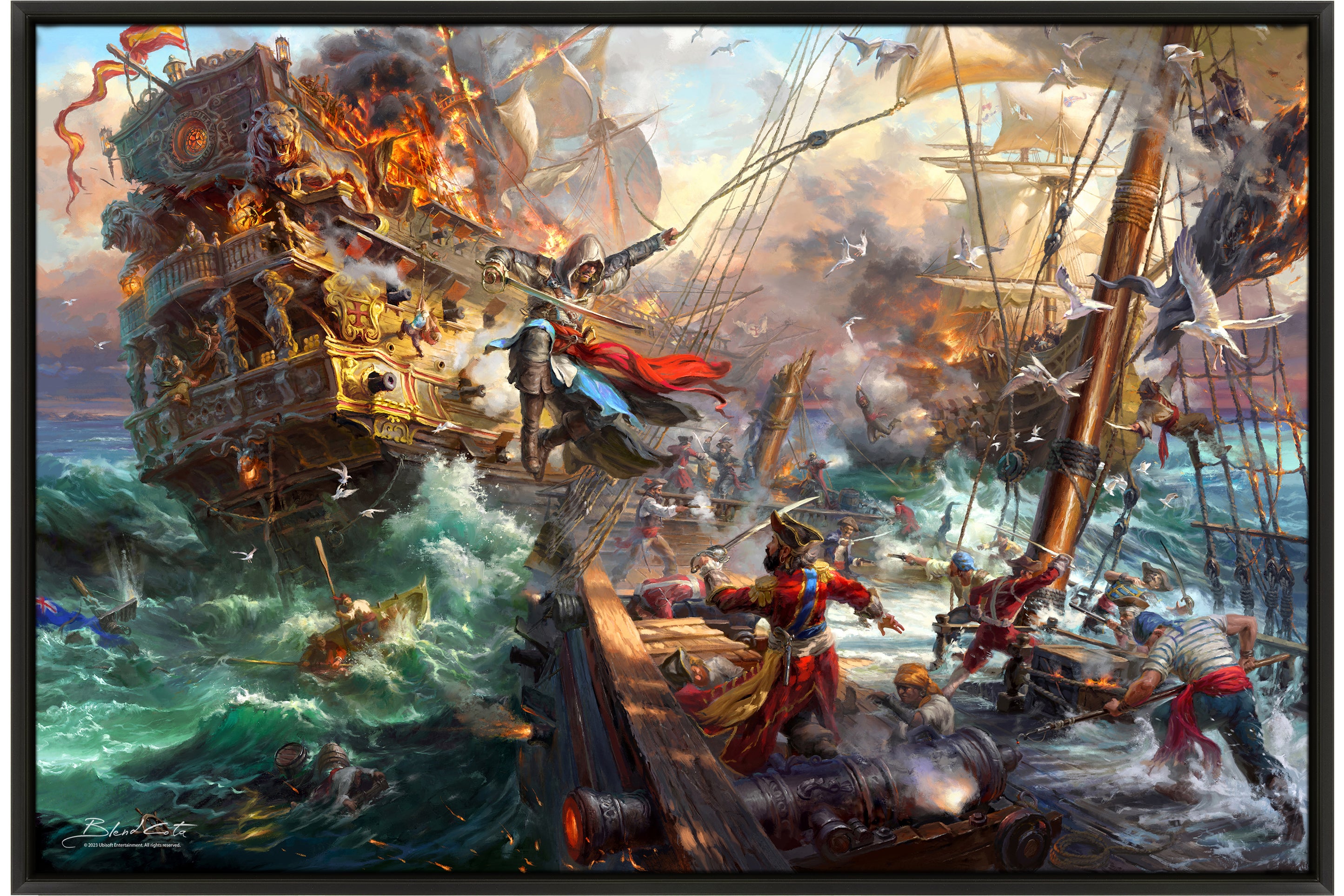 A naval battle at sea from Ubisoft's Assassin's Creed IV Black Flag with Edward Kenway and Bartholomew Roberts fighting on deck in this painting in a black frame.