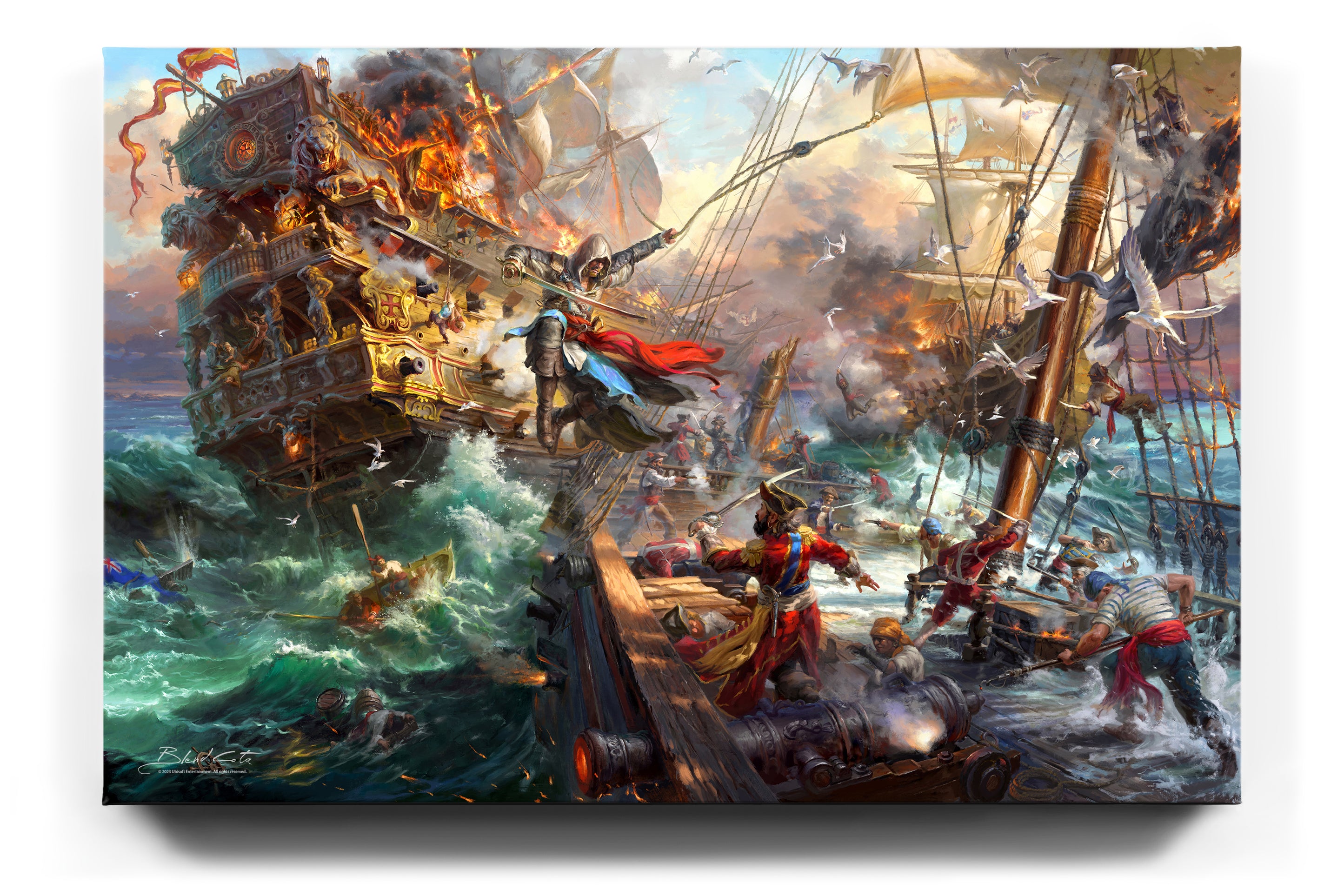 
                  
                    A naval battle at sea from Ubisoft's Assassin's Creed IV Black Flag with Edward Kenway and Bartholomew Roberts fighting on deck in this painting as a gallery wrapped canvas.
                  
                