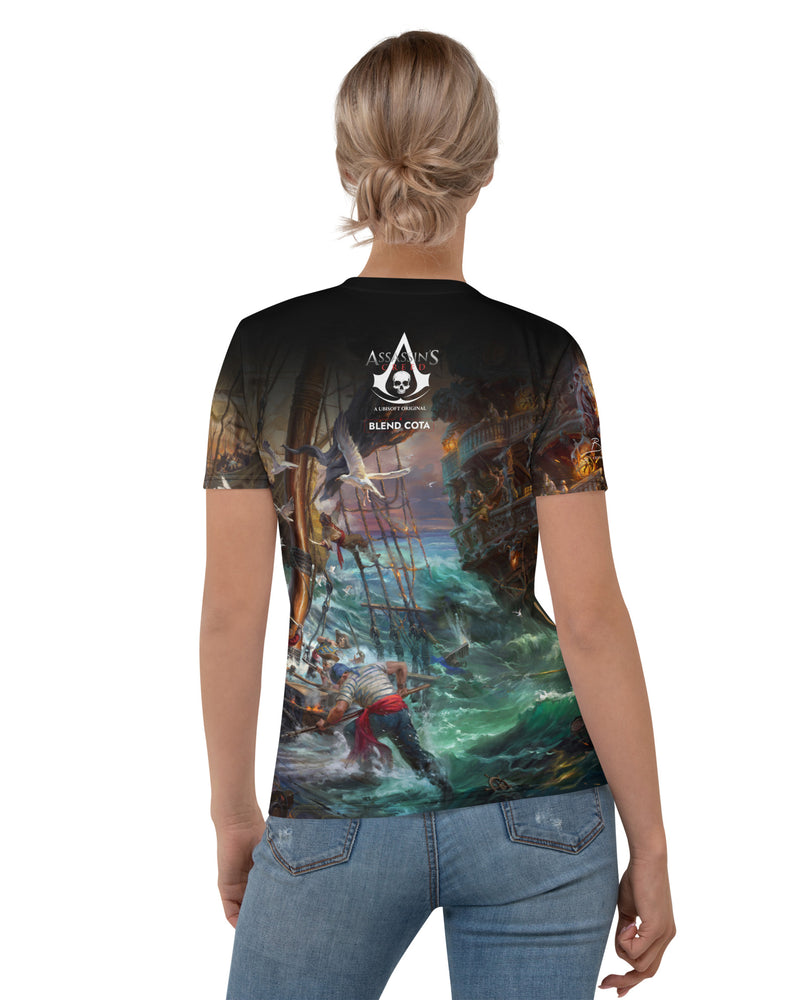 Model wearing Assassin's Creed IV Black Flag and Edward Kenway fighting on ships Jackdaw and Morrigan, Blackbeard on board in Caribbean seas on a fresh fit women's t-shirt.