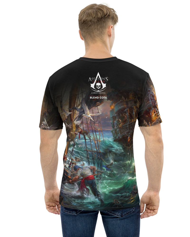 Model wearing Assassin's Creed IV Black Flag and Edward Kenway fighting on ships Jackdaw and Morrigan, Blackbeard on board in Caribbean seas on a fresh fit men's t-shirt.