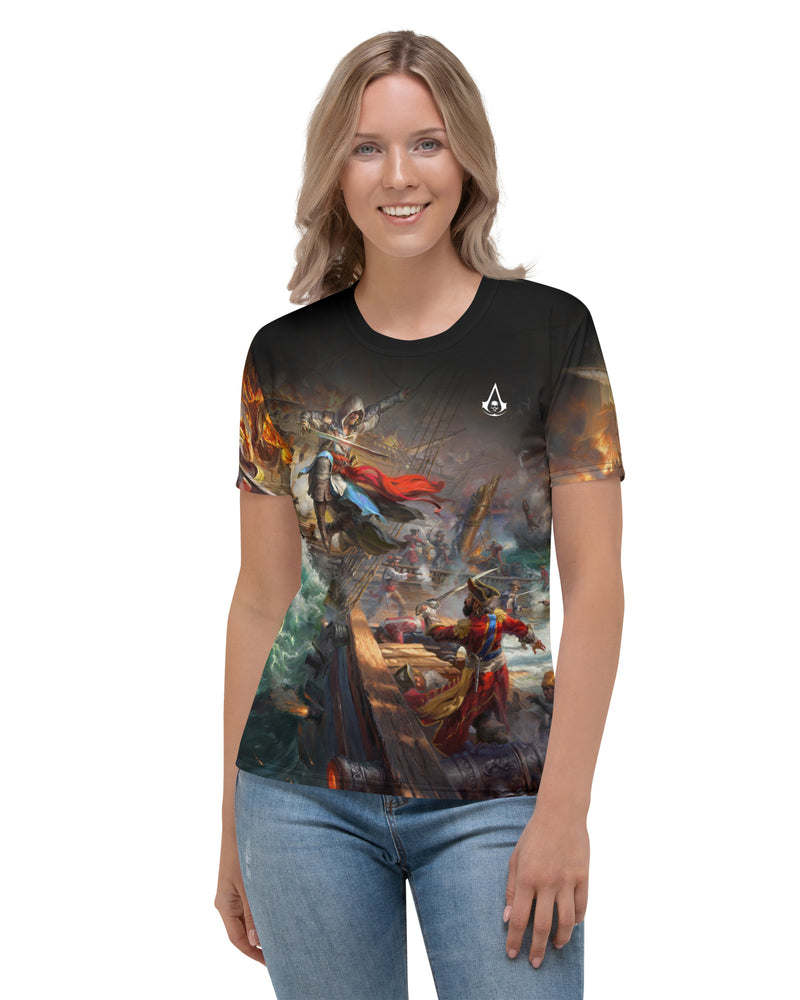 Model wearing Assassin's Creed IV Black Flag and Edward Kenway fighting on ships Jackdaw and Morrigan, Blackbeard on board in Caribbean seas on a fresh fit women's t-shirt.