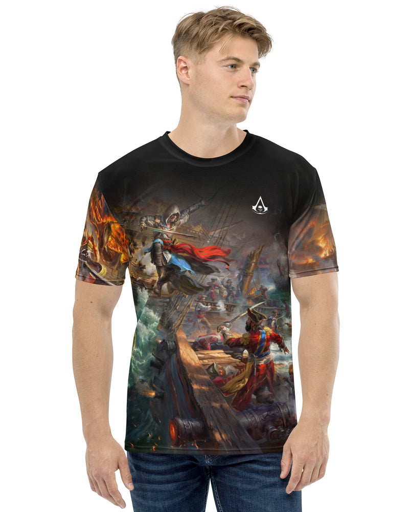Model wearing Assassin's Creed IV Black Flag and Edward Kenway fighting on ships Jackdaw and Morrigan, Blackbeard on board in Caribbean seas on a fresh fit men's t-shirt.