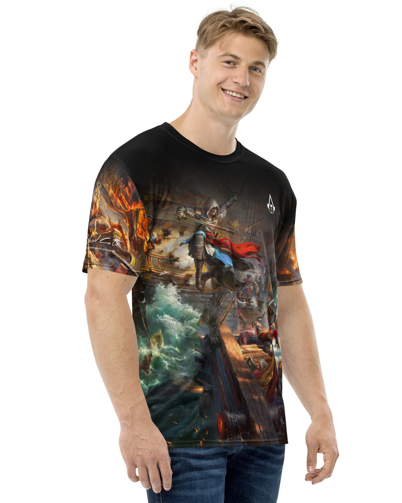 
                  
                    Model wearing Assassin's Creed IV Black Flag and Edward Kenway fighting on ships Jackdaw and Morrigan, Blackbeard on board in Caribbean seas on a fresh fit men's t-shirt.
                  
                