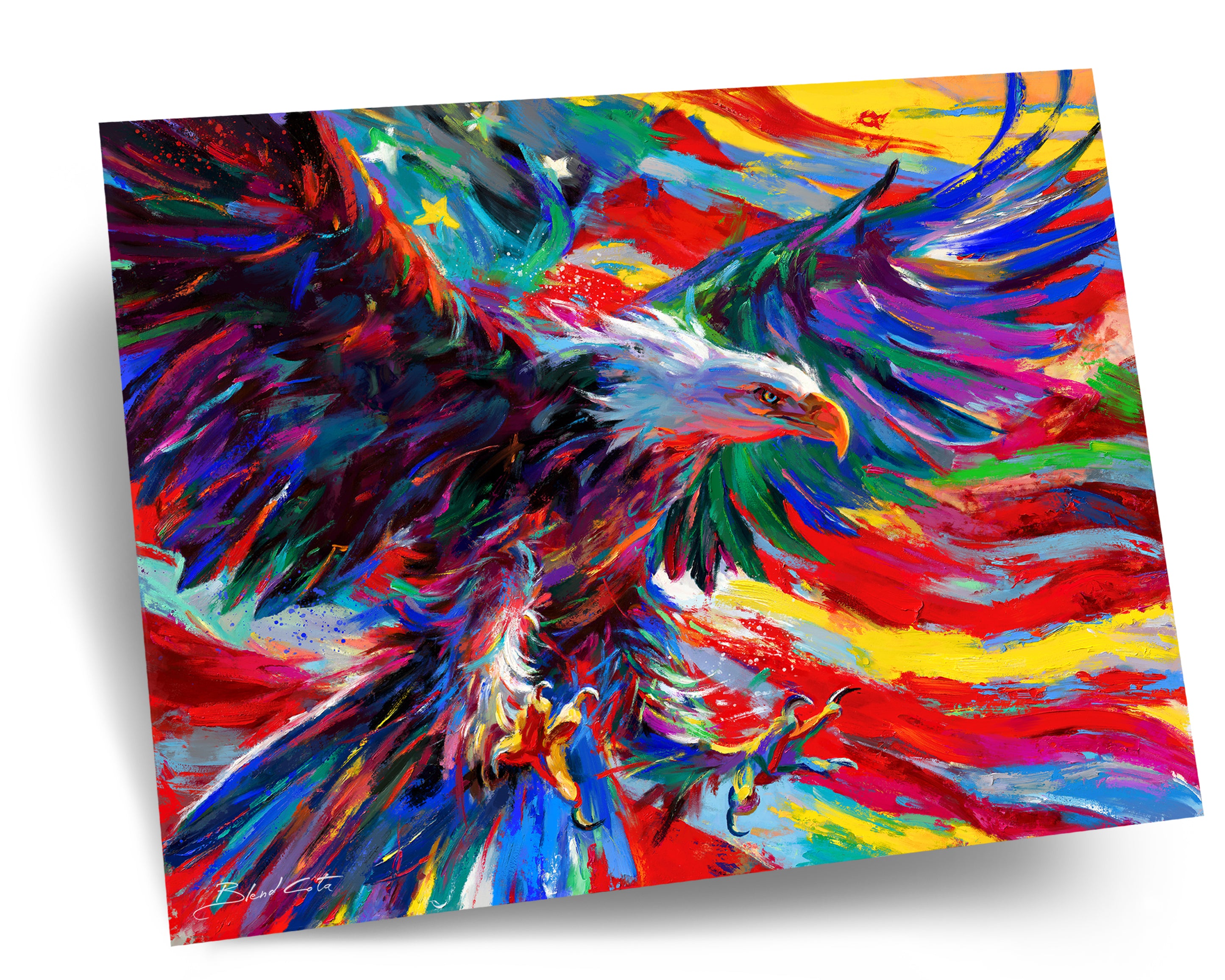 Art print painting on paper of the Bald Eagle, American national bird, freedom of colorful brushstrokes throughout.