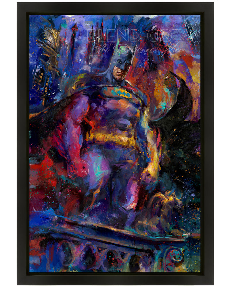 Oil on canvas original painting of Batman, DC Comics Bruce Wayne, watching Gotham city in the night, darkness surrounds him, lit up by red and yellow and all around him blue colorful brushstrokes, color expressionism style.