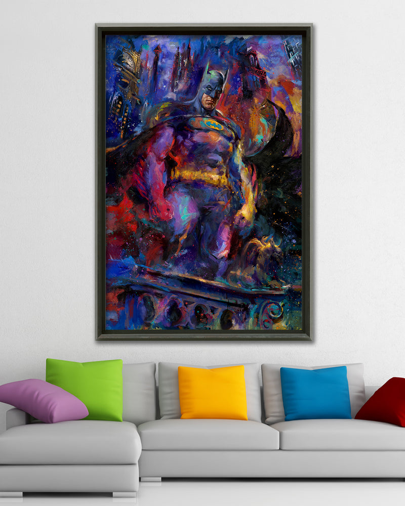 Oil on canvas original painting of Batman, DC Comics Bruce Wayne, watching Gotham city in the night, darkness surrounds him, lit up by red and yellow and all around him blue colorful brushstrokes, color expressionism style in a room setting.