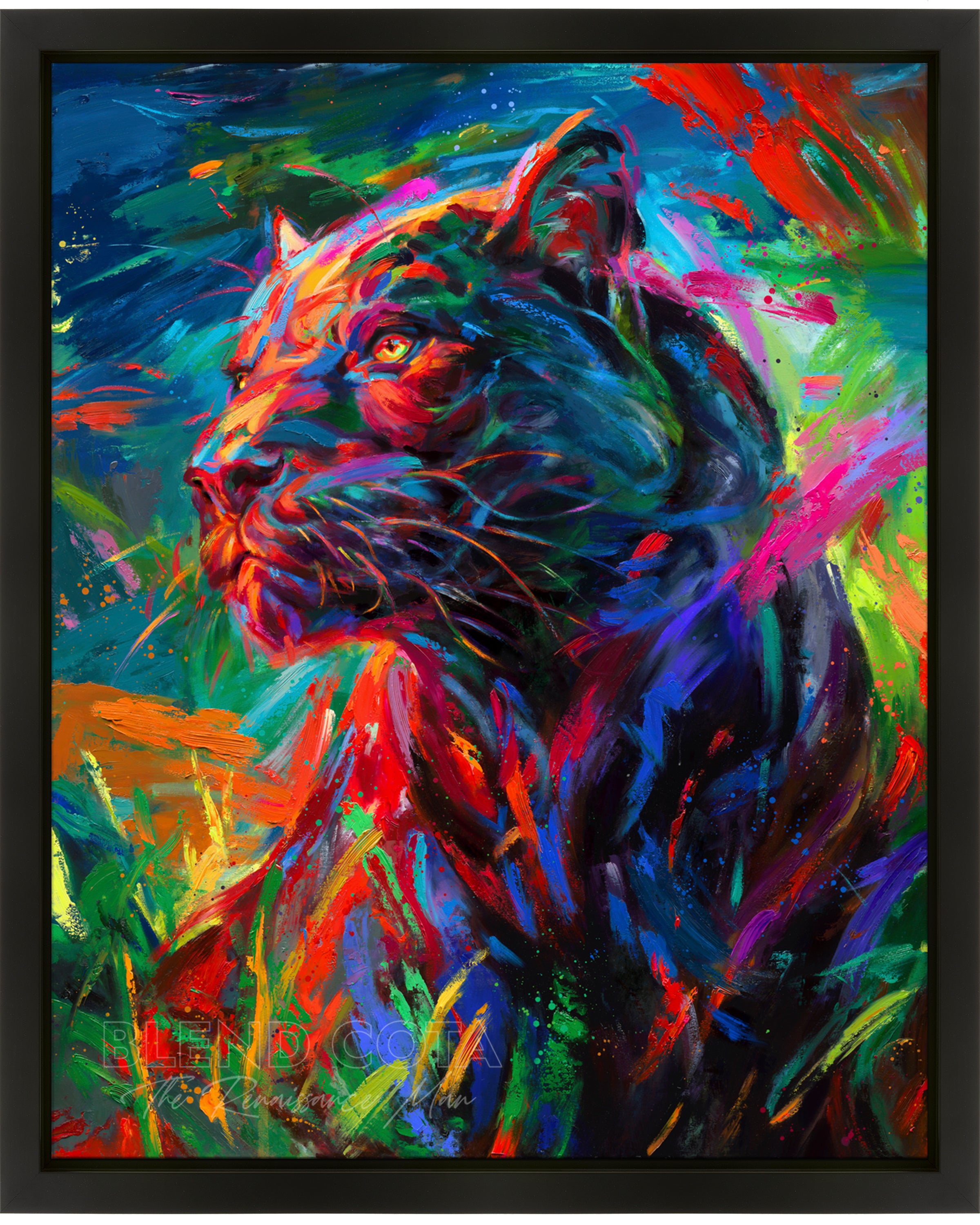 Framed original oil painting on canvas of the black panther stalking its prey through the long night painted with colorful brushstrokes in an expressionistic style.