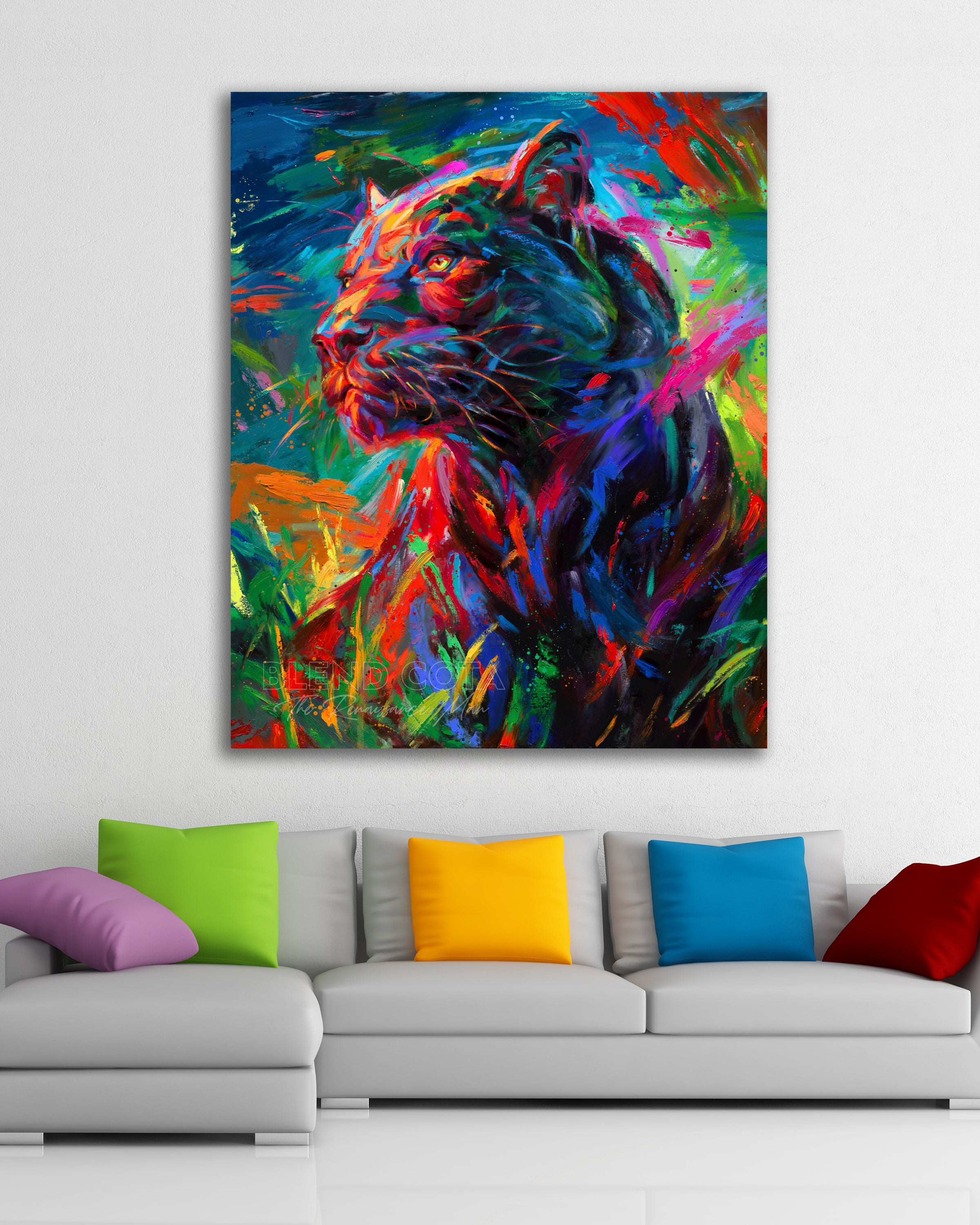 Framed original oil painting on canvas of the black panther stalking its prey through the long night painted with colorful brushstrokes in an expressionistic style in a room setting.