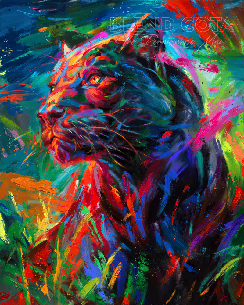 Gallery wrapped art print on canvas of the black panther stalking its prey through the long night painted with colorful brushstrokes in an expressionistic style.