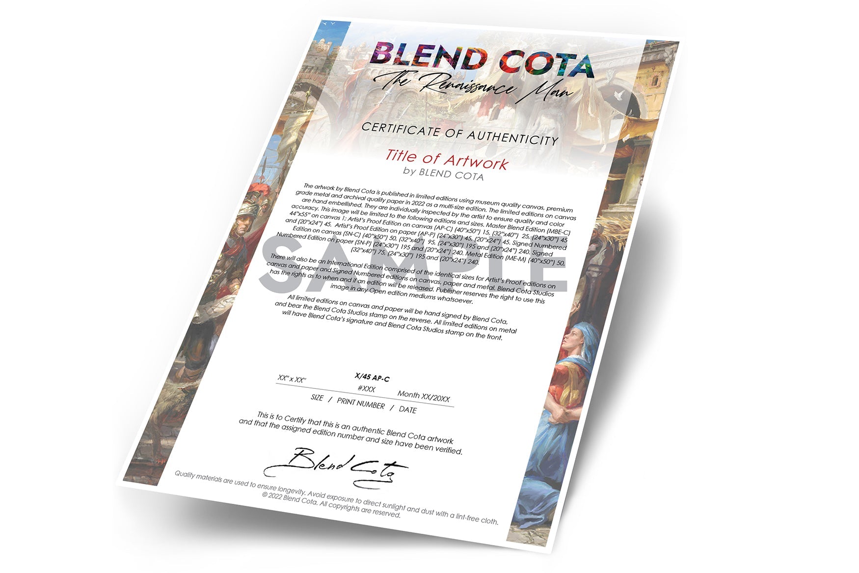 
                  
                    Sample of a blend cota studios certificate of authenticity for limited edition prints.
                  
                