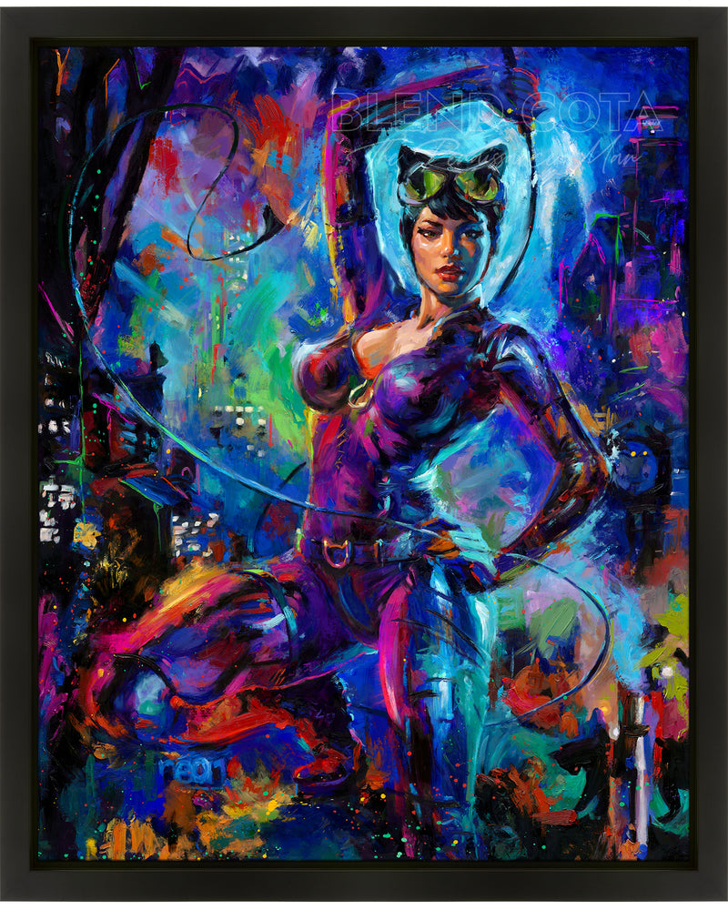 Oil on canvas original painting of Catwoman, DC Comics Selina Kyle, surrounded by the blue color of Gotham's night sky, she stalks her prey holding her whip and crouching on top of a building with her cat Isis nearby in colorful brushstrokes, color expressionism style.